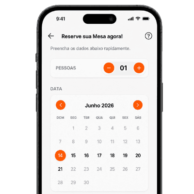 Tela de reserva de mesa do Fluux com calendário e número de pessoas