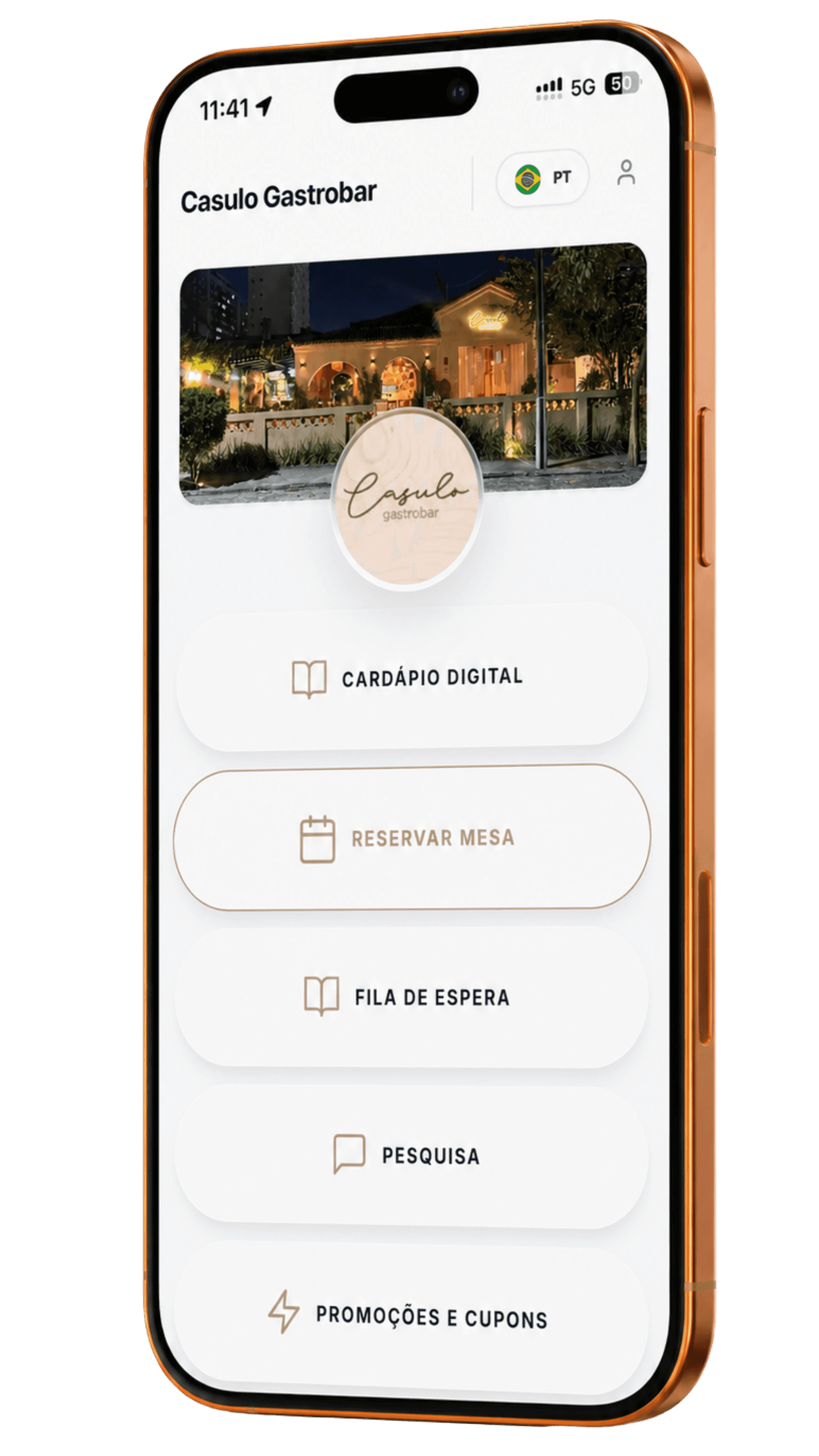 HUB do restaurante Casulo Gastrobar no Fluux, com cardápio, reservas e fila de espera